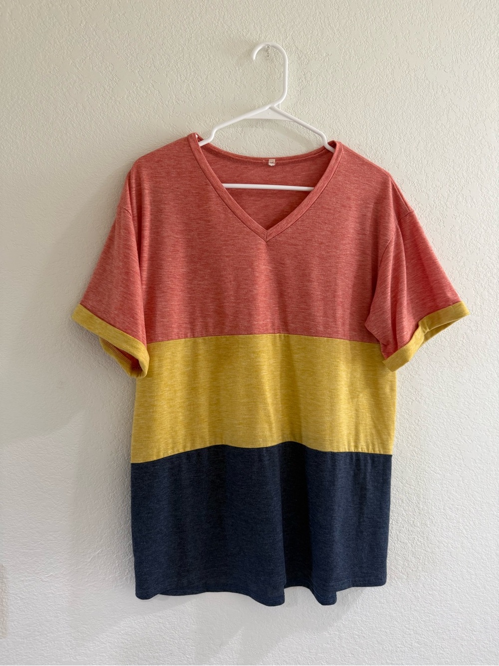 Colorblock V-Neck Womans Tee - Coral, Yellow & Navy